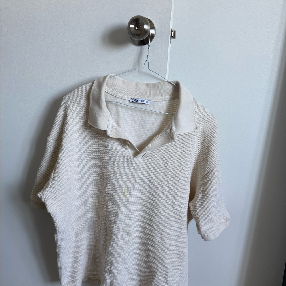 ZARA Cream Waffle Knit Polo Top